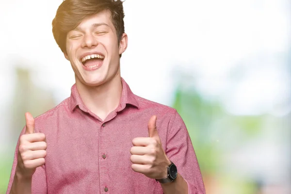 Joven Hombre Negocios Guapo Sobre Signo Éxito Fondo Aislado Haciendo — Foto de Stock