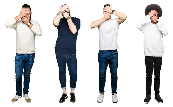 Collage Grupo Jóvenes Sobre Fondo Blanco Aislado Cubriendo Los Ojos — Foto de Stock