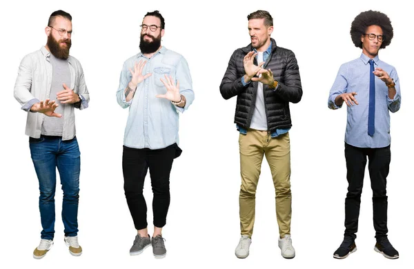 Collage Grupp Unga Män Över Vit Isolerade Bakgrund Äcklade Uttryck — Stockfoto