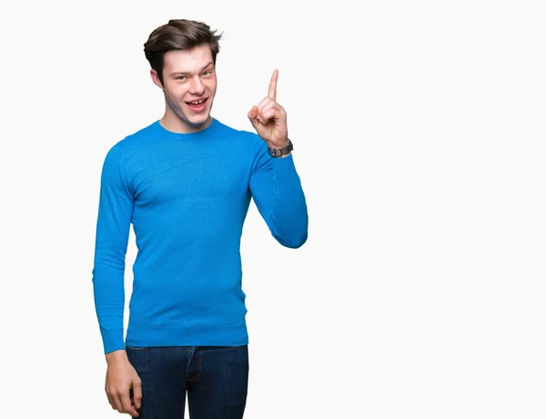 Young Handsome Man Wearing Blue Sweater Isolated Background Pointing Finger — Stock Photo, Image