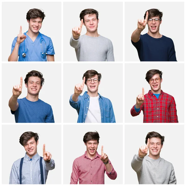 年轻男子的拼贴在白色隔绝的背景显示和指向与手指第一 同时微笑自信和快乐 — 图库照片