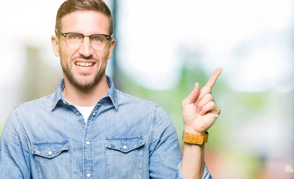 Handsome Man Wearing Glasses Big Smile Face Pointing Hand Finger — Stock Photo, Image