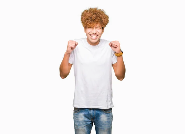 Young Handsome Man Afro Hair Wearing Casual White Shirt Excited — Stock Photo, Image