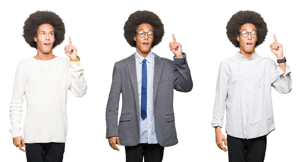 Коллаж Молодого Человека Афроволосами Белом Изолированном Фоне Указывающий Пальцем Вверх — стоковое фото