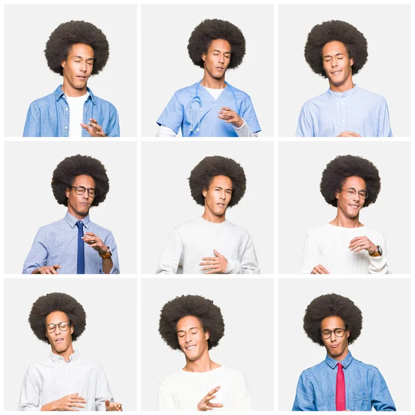 Koláž Mladého Muže Afro Vlasy Nad Bílým Pozadím Izolované Znechucený — Stock fotografie
