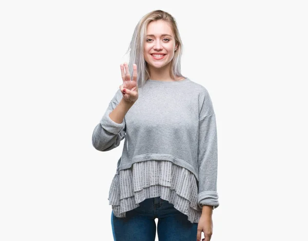 Young Blonde Woman Isolated Background Showing Pointing Fingers Number Three — Stock Photo, Image