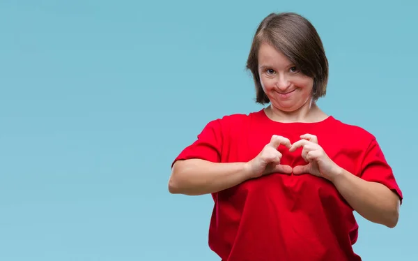 Giovane Donna Adulta Con Sindrome Sfondo Isolato Sorridente Amore Mostrando — Foto Stock