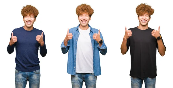 Colagem Homens Jovens Com Cabelo Encaracolado Sobre Isolado Sinal Sucesso — Fotografia de Stock