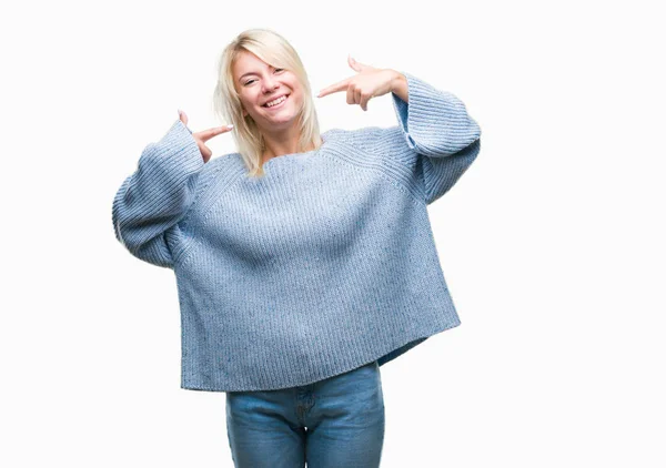 Jonge Mooie Blonde Vrouw Winter Trui Dragen Geïsoleerde Achtergrond Glimlachend — Stockfoto