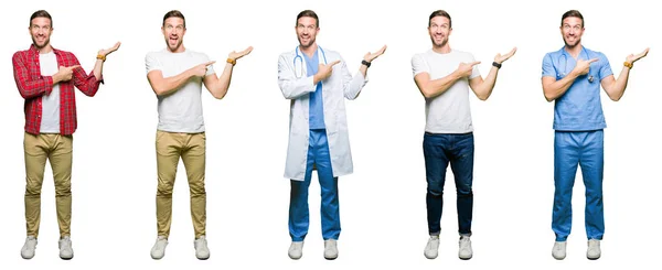 Collage Van Aantrekkelijke Jonge Man Witte Geïsoleerde Achtergrond Verbaasd Lachend — Stockfoto