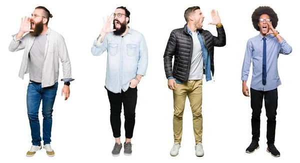 Collage Grupp Unga Män Över Vita Isolerade Bakgrunden Ropade Och — Stockfoto