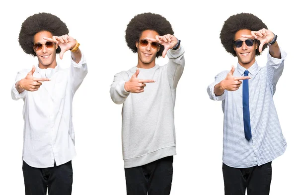 Colagem Jovem Com Cabelo Afro Sobre Fundo Isolado Branco Sorrindo — Fotografia de Stock