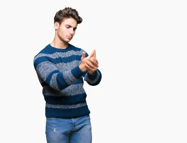 Joven Hombre Guapo Sobre Fondo Aislado Sufrimiento Dolor Las Manos —  Fotos de Stock