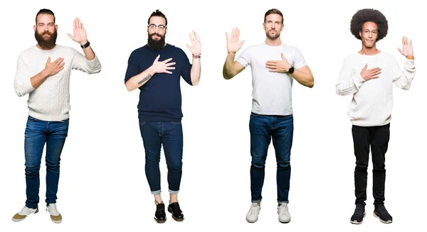 Collage Group Young Men White Isolated Background Swearing Hand Chest — Stock Photo, Image