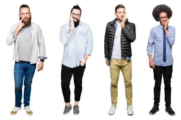 Collage Grupp Unga Män Över Vit Isolerade Bakgrund Att Röra — Stockfoto