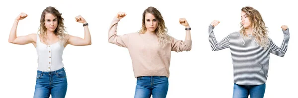 Collage Young Beautiful Blonde Girl Isolated Background Showing Arms Muscles — Stock Photo, Image