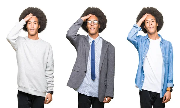Collage Ung Man Med Afro Hår Över Isolerade Vitbakgrund Leende — Stockfoto