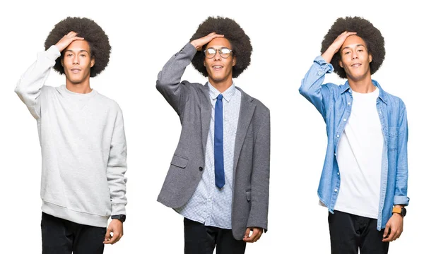 Colagem Jovem Com Cabelo Afro Sobre Fundo Isolado Branco Sorrindo — Fotografia de Stock