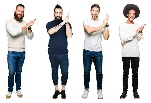 Collage Van Groep Jonge Mannen Witte Geïsoleerd Background Clapping Applaudisseren — Stockfoto