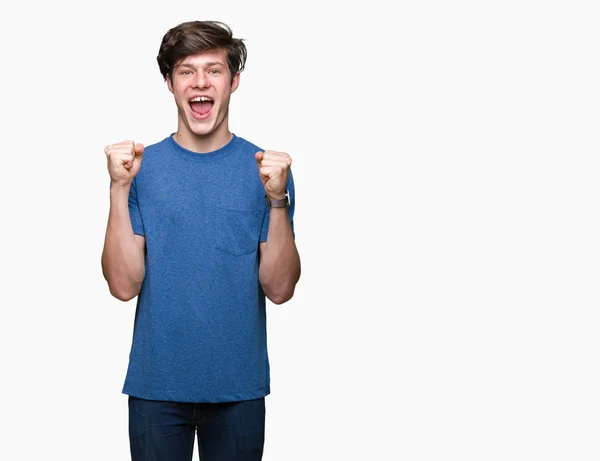 Jonge Knappe Man Met Blauw Shirt Het Vieren Van Geïsoleerde — Stockfoto