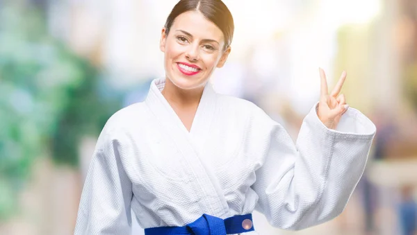 Young Beautiful Woman Wearing Karate Kimono Uniform Isolated Background Smiling — Stock Photo, Image