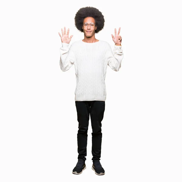 Young African American Man Afro Hair Wearing Glasses Showing Pointing — Stock Photo, Image