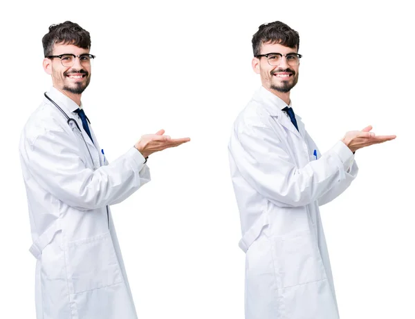 Collage Young Doctor Man Wearing Medical Coat Pointing Side Hand — Stock Photo, Image