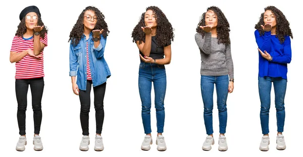 Collage Beautiful Young Woman Curly Hair White Isolated Background Looking — Stock Photo, Image