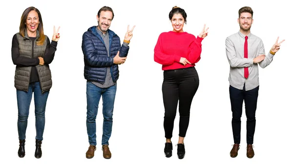 Collage Personer Över Vit Isolerade Bakgrund Leende Med Glada Ansikte — Stockfoto