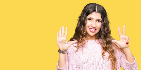 Young Beautiful Woman Wearing Pink Sweater Showing Pointing Fingers Number — Stock Photo, Image