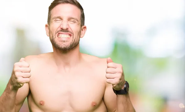 Handsome Shirtless Man Showing Nude Chest Excited Success Arms Raised — Stock Photo, Image