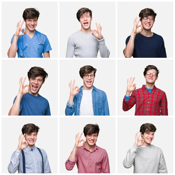 Collage Eines Jungen Mannes Vor Weißem Isoliertem Hintergrund Der Positiv — Stockfoto