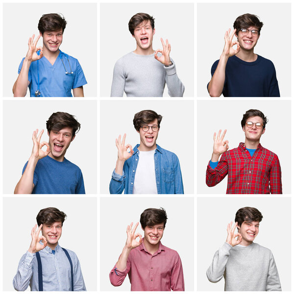 Collage of young man over white isolated background smiling positive doing ok sign with hand and fingers. Successful expression.