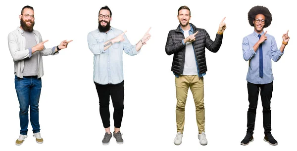 Collage Van Groep Jonge Mannen Witte Geïsoleerde Achtergrond Glimlachen Kijken — Stockfoto