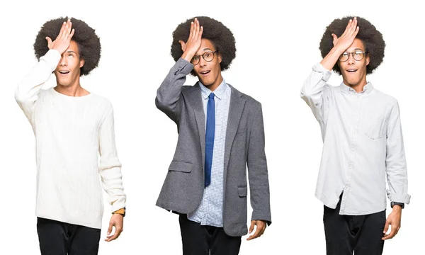 Collage Young Man Afro Hair White Isolated Background Surprised Hand — Stock Photo, Image