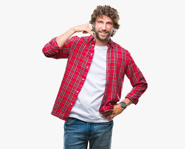 Pohledný Model Hispánský Muž Nad Izolované Pozadí Úsměvem Dělá Telefon — Stock fotografie