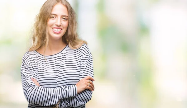 Schöne Junge Blonde Frau Mit Gestreiftem Pullover Über Isoliertem Hintergrund — Stockfoto