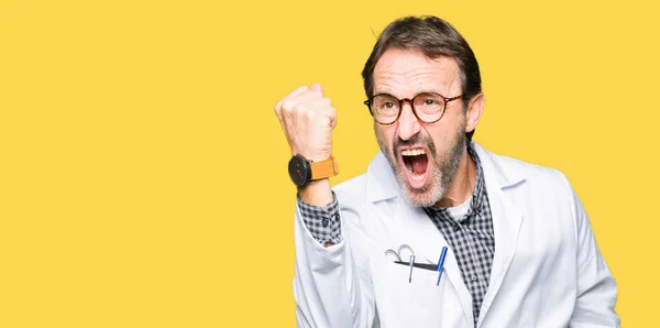 Middle Age Doctor Men Wearing Medical Coat Angry Mad Raising — Stock Photo, Image