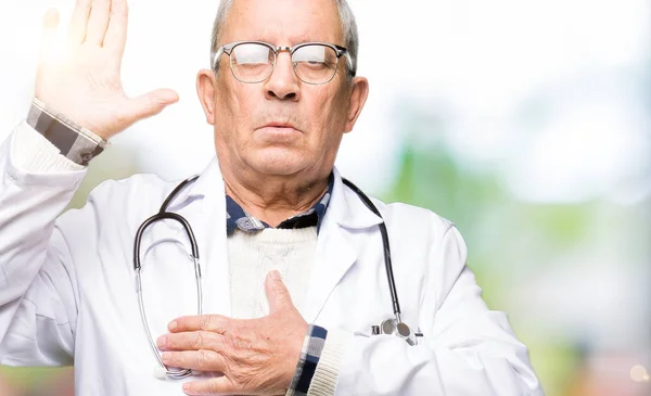 Handsome Senior Doctor Man Wearing Medical Coat Swearing Hand Chest — Stock Photo, Image