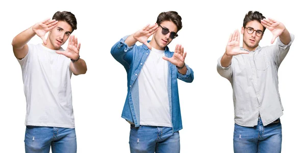 Collage Joven Guapo Usando Gafas Sol Sobre Fondo Aislado Sonriendo —  Fotos de Stock