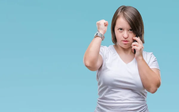 Giovane Donna Adulta Con Sindrome Prendendo Utilizzando Smartphone Sfondo Isolato — Foto Stock