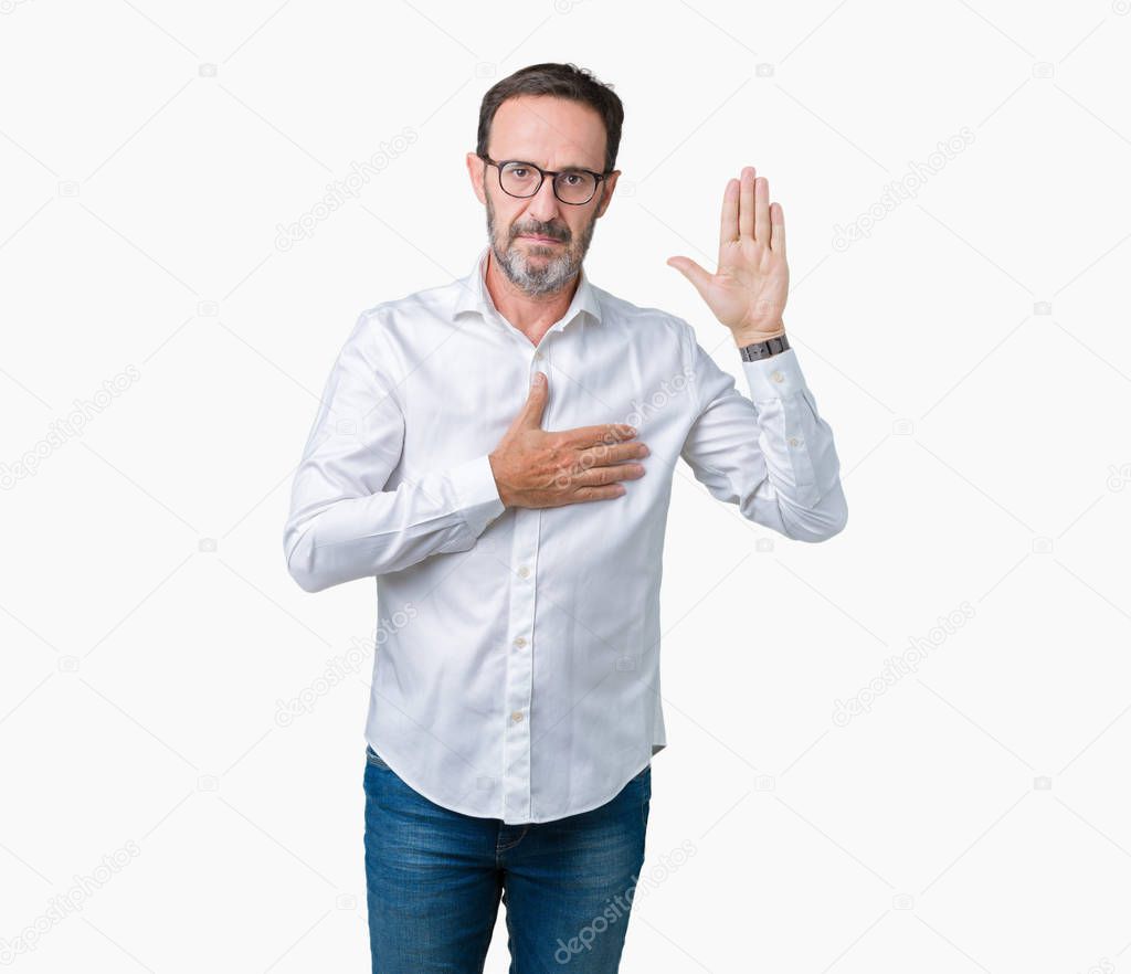 Handsome middle age elegant senior business man wearing glasses over isolated background Swearing with hand on chest and open palm, making a loyalty promise oath