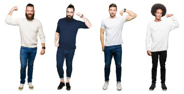 Kolaj bir grup genç adam beyaz izole arka plan güçlü kişi kol kas, kendinden emin ve güç gurur gösterilen üzerinde