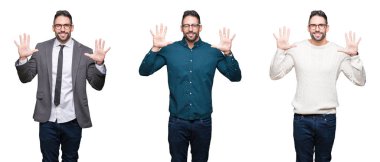 Kolaj yakışıklı iş adamı gösterilen ve parmakları ile işaret beyaz izole arka plan üzerinde bir numara on ise kendinden emin ve mutlu gülümseyerek.