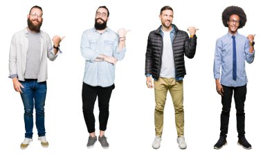 Genç erkekler arıyorum ve başparmak yanında yukarıyı mutlu yüz ile gülümseyen beyaz izole arka plan üzerinde Grubu'nun kolaj.