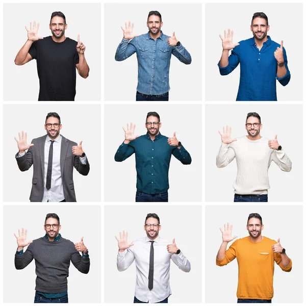 Colagem Homem Bonito Sobre Fundo Isolado Mostrando Apontando Para Cima — Fotografia de Stock