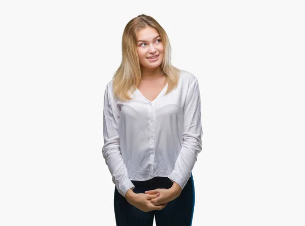 Young Caucasian Woman Isolated Background Looking Away Side Smile Face — Stock Photo, Image