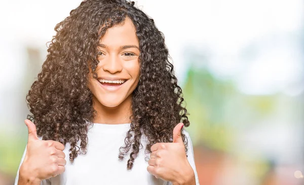 Young Beautiful Woman Curly Hair Wearing White Shirt Success Sign — Stock Photo, Image