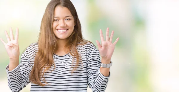 Young Beautiful Brunette Woman Wearing Stripes Sweater Isolated Background Showing — Stock Photo, Image