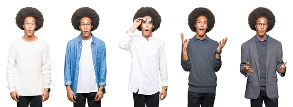 Collage Giovane Uomo Con Capelli Afro Sfondo Bianco Isolato Spaventato — Foto Stock